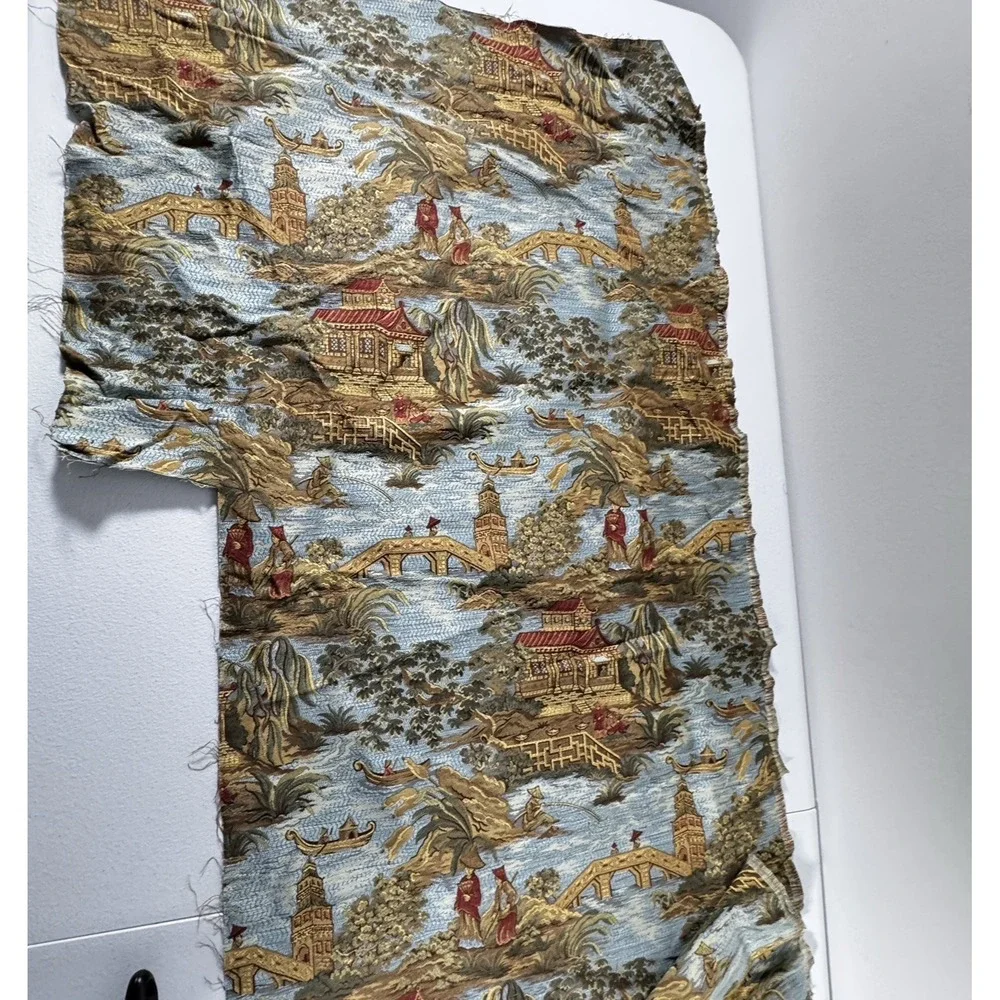 Chinoiserie Asian Scenic Woven Upholstery Fabric Remnant Lot 55